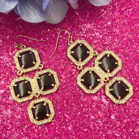 🌼 Black Squares Rhinestone Gold Earrings - Picture 1 of 3
